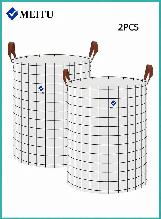 MEITU 2pcs Large Laundry Basket with Handles, Waterproof PE-Lined Storage Hamper, White Grid Pattern, 40 × 50 cm