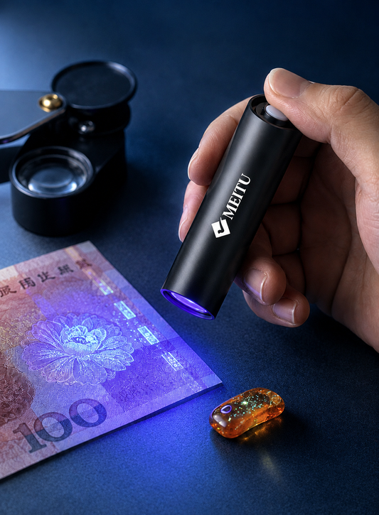 MEITU Rechargeable 365nm UV Flashlight with Black Filter Lens, Compact Aluminum Alloy Ultraviolet Detector for Banknotes, Pet Stains, Jewelry and Antiques, 8 cm, Black