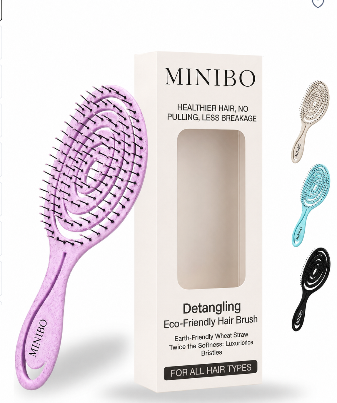 MINIBO Eco-Friendly Detangling Hair Brush for Women, Children, Men - Gentle on Hair and Scalp - Ideal for Straight, Curly & Wet Hair in Beige, Pink, Blue and Black