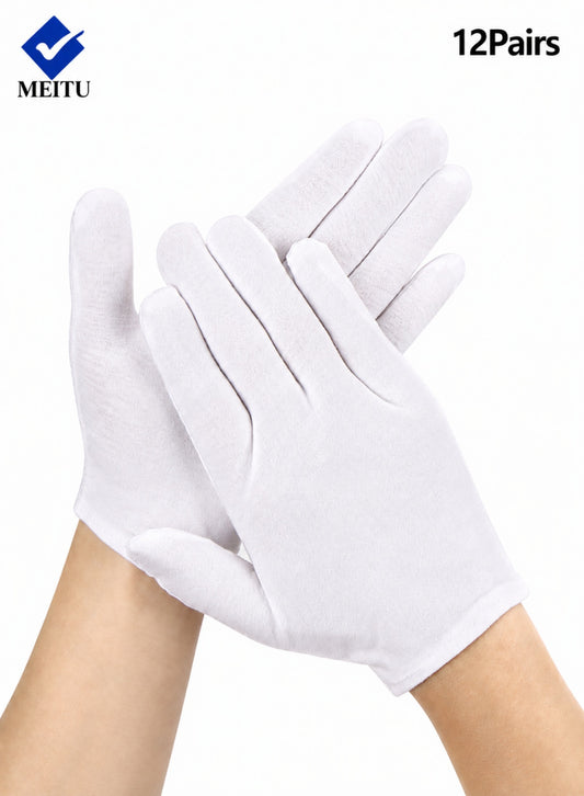 MEITU 12 Pairs White Cotton Inspection Gloves, Soft Reusable Work Gloves