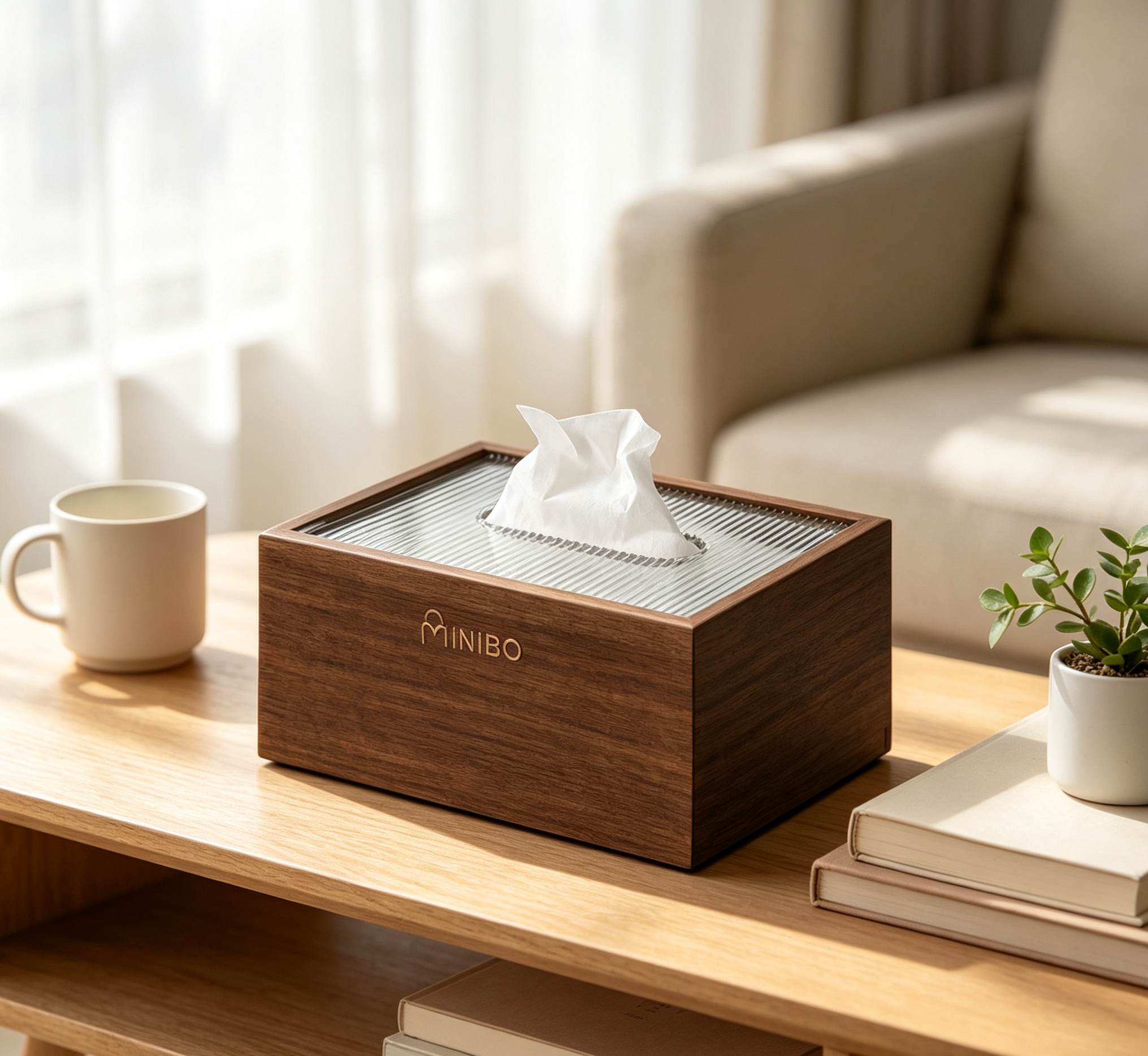 MINIBO Walnut Wood Tissue Box Cover with Acrylic Slit Top, Rectangular Wooden Napkin Dispenser, Modern Minimalist Desktop Facial Tissue Holder for Home Hotel Cafe Wholesale
