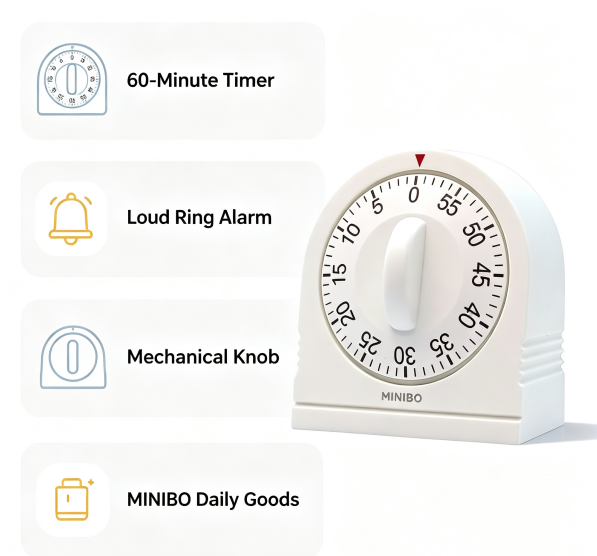 MINIBO Mechanical Kitchen Timer, 60 Minutes Manual Wind Up Countdown Timer, Classic Semicircle Mechanical Timer for Cooking Classroom Home Study Wholesale