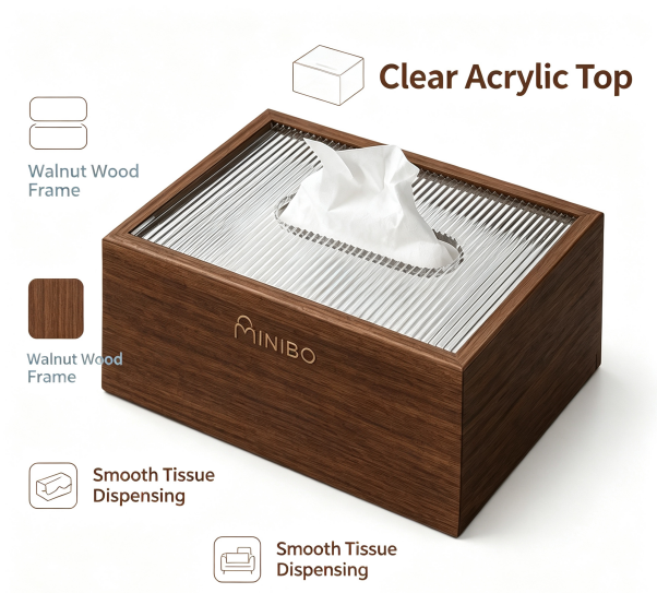 MINIBO Walnut Wood Tissue Box Cover with Acrylic Slit Top, Rectangular Wooden Napkin Dispenser, Modern Minimalist Desktop Facial Tissue Holder for Home Hotel Cafe Wholesale