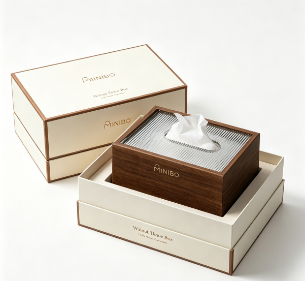 MINIBO Walnut Wood Tissue Box Cover with Acrylic Slit Top, Rectangular Wooden Napkin Dispenser, Modern Minimalist Desktop Facial Tissue Holder for Home Hotel Cafe Wholesale