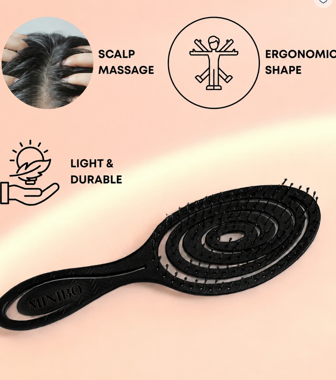 MINIBO Eco-Friendly Detangling Hair Brush for Women, Children, Men - Gentle on Hair and Scalp - Ideal for Straight, Curly & Wet Hair in Beige, Pink, Blue and Black