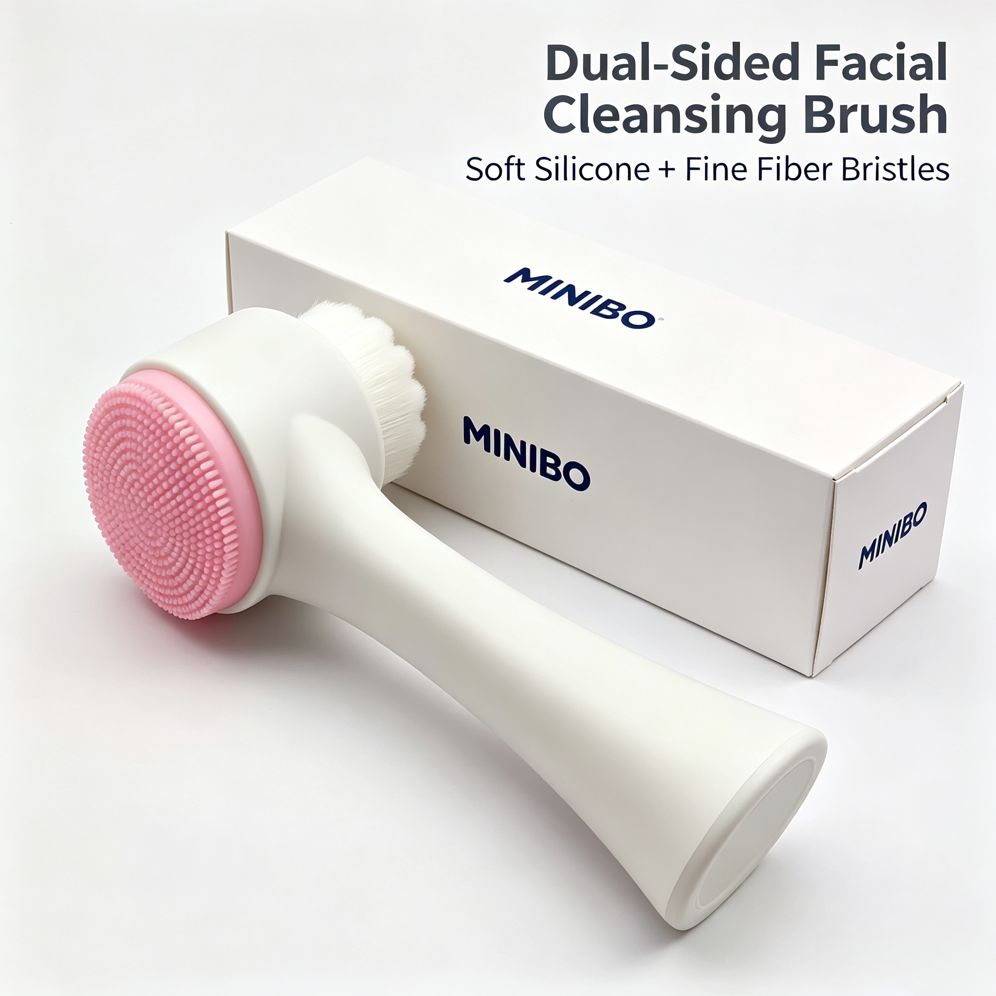 MINIBO Double Sided Facial Cleansing Brush, 2-in-1 Soft Silicone Massager & Micro Fiber Exfoliating Brush, Manual Deep Pore Face Wash Tool for Sensitive Skin Skincare