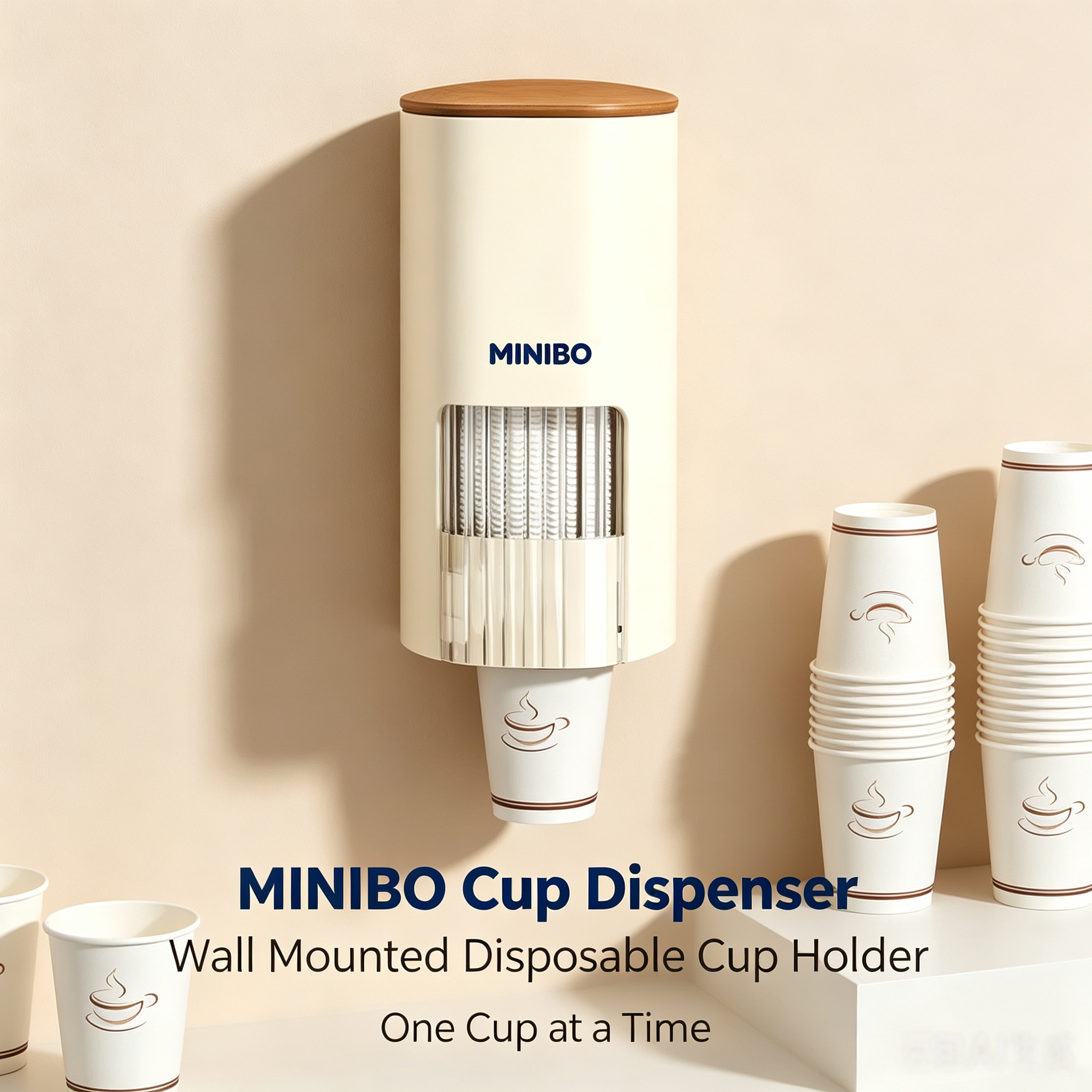 MINIBO Wall Mounted Disposable Cup Dispenser, 45 Cups Capacity Plastic Cup Holder with Dustproof Lid, One-Cup-at-a-Time Water Cup Organizer for Kitchen Office Home Use