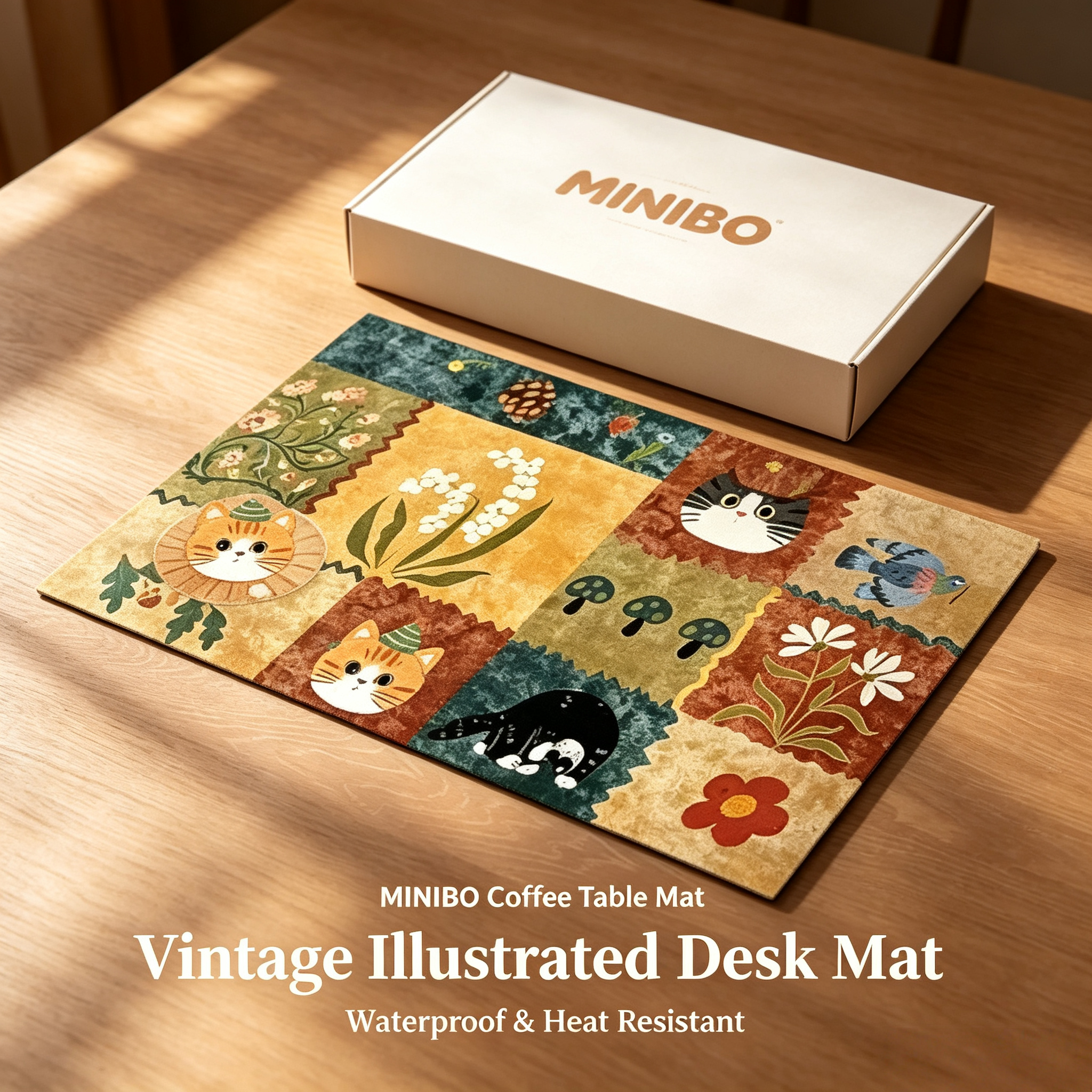 MINIBO Vintage Patchwork Cat Floral Print Coffee Mat, Waterproof Heat Resistant Diatomite Countertop Pad, Non-Slip Quick Dry Dish Drying Mat for Coffee Station Kitchen Counter Wholesale