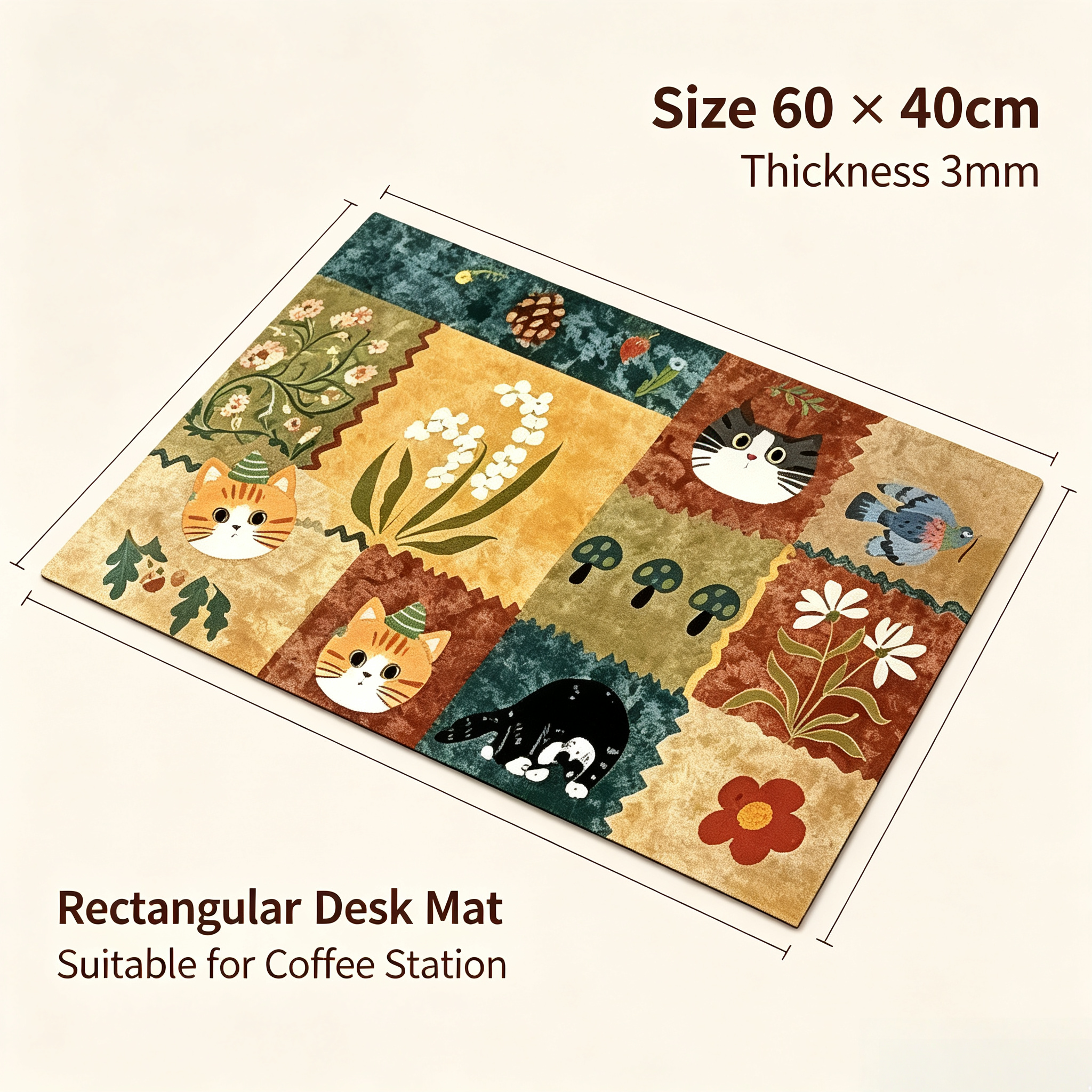MINIBO Vintage Patchwork Cat Floral Print Coffee Mat, Waterproof Heat Resistant Diatomite Countertop Pad, Non-Slip Quick Dry Dish Drying Mat for Coffee Station Kitchen Counter Wholesale