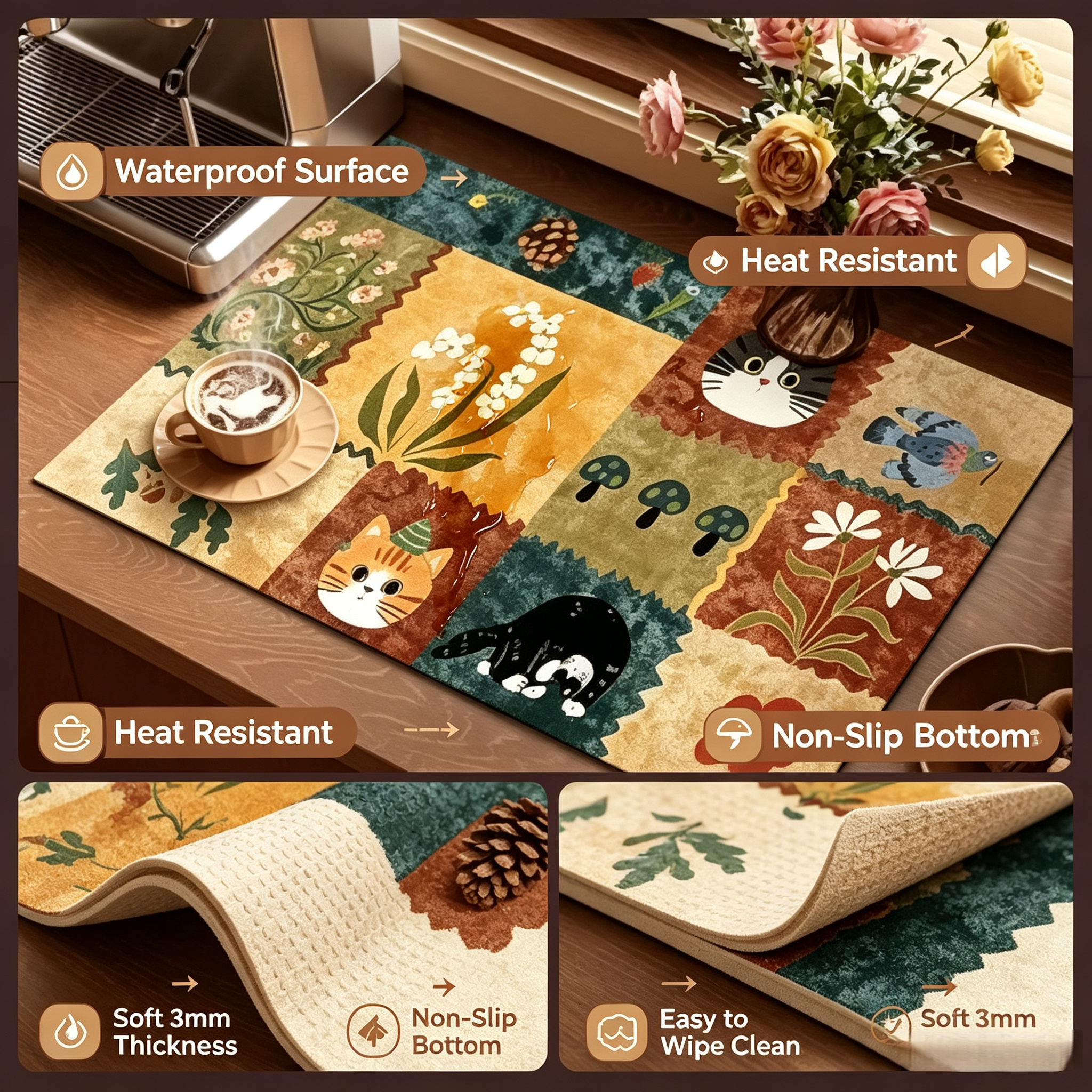 MINIBO Vintage Patchwork Cat Floral Print Coffee Mat, Waterproof Heat Resistant Diatomite Countertop Pad, Non-Slip Quick Dry Dish Drying Mat for Coffee Station Kitchen Counter Wholesale