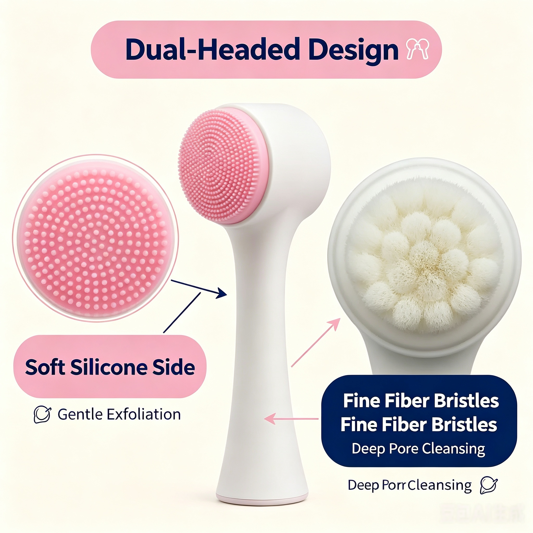 MINIBO Double Sided Facial Cleansing Brush, 2-in-1 Soft Silicone Massager & Micro Fiber Exfoliating Brush, Manual Deep Pore Face Wash Tool for Sensitive Skin Skincare