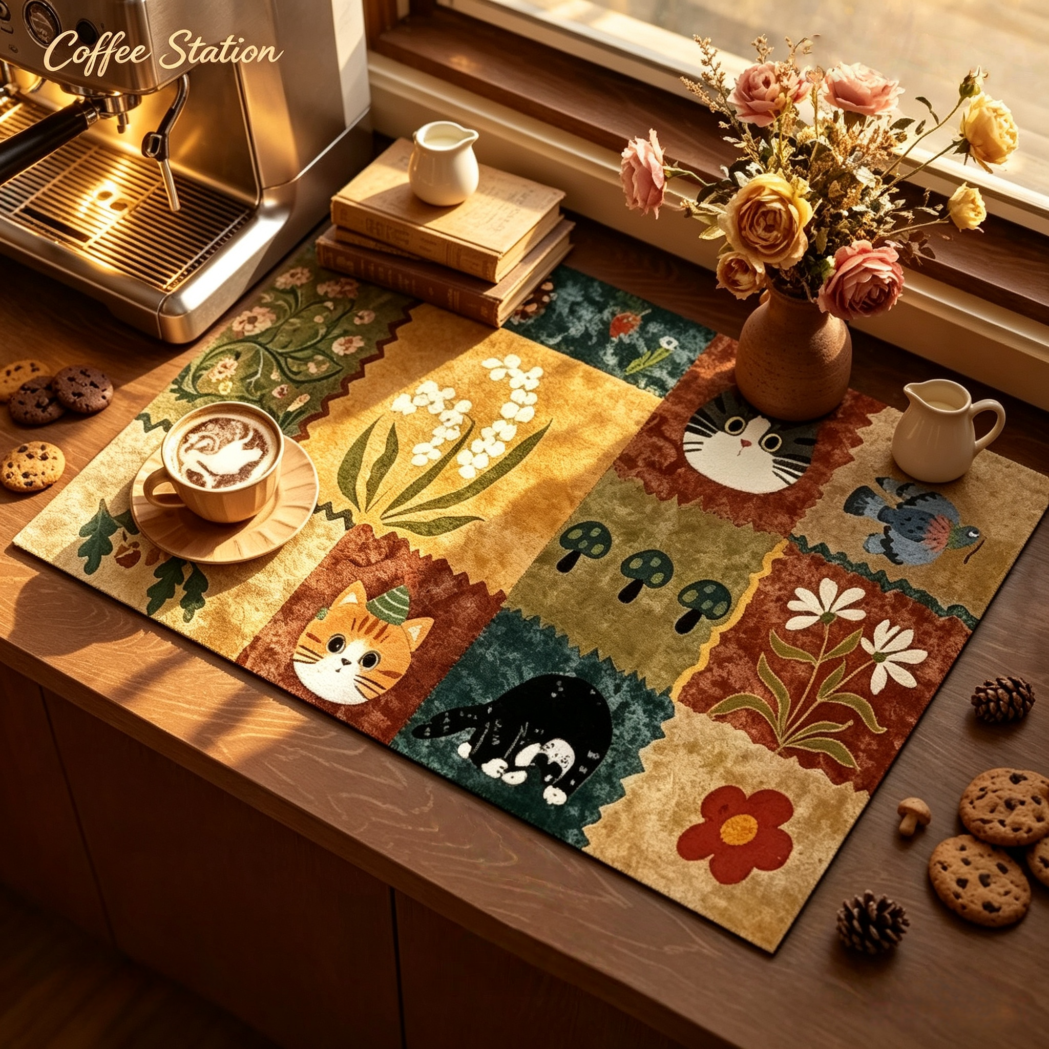 MINIBO Vintage Patchwork Cat Floral Print Coffee Mat, Waterproof Heat Resistant Diatomite Countertop Pad, Non-Slip Quick Dry Dish Drying Mat for Coffee Station Kitchen Counter Wholesale