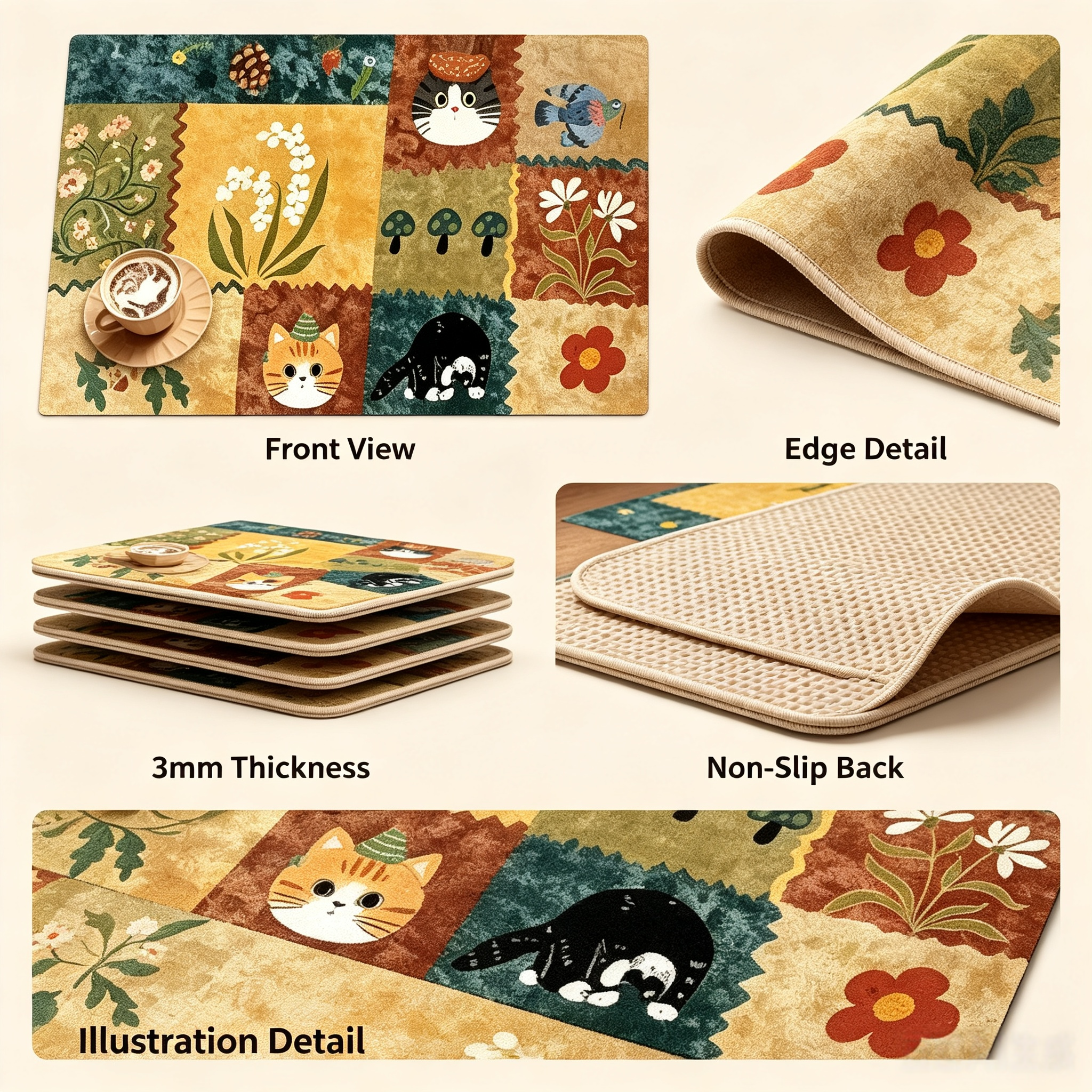 MINIBO Vintage Patchwork Cat Floral Print Coffee Mat, Waterproof Heat Resistant Diatomite Countertop Pad, Non-Slip Quick Dry Dish Drying Mat for Coffee Station Kitchen Counter Wholesale