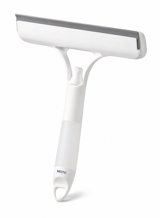 MEITU 3-in-1 Spray Window Squeegee with Sponge Scrubber and Soft TPR Blade, Multifunction Glass Cleaning Tool for Windows, Mirrors, Shower Doors and Car Glass, 21.5 × 25.7 cm, White