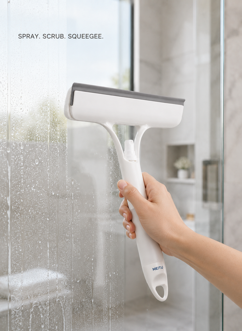 MEITU 3-in-1 Spray Window Squeegee with Sponge Scrubber and Soft TPR Blade, Multifunction Glass Cleaning Tool for Windows, Mirrors, Shower Doors and Car Glass, 21.5 × 25.7 cm, White
