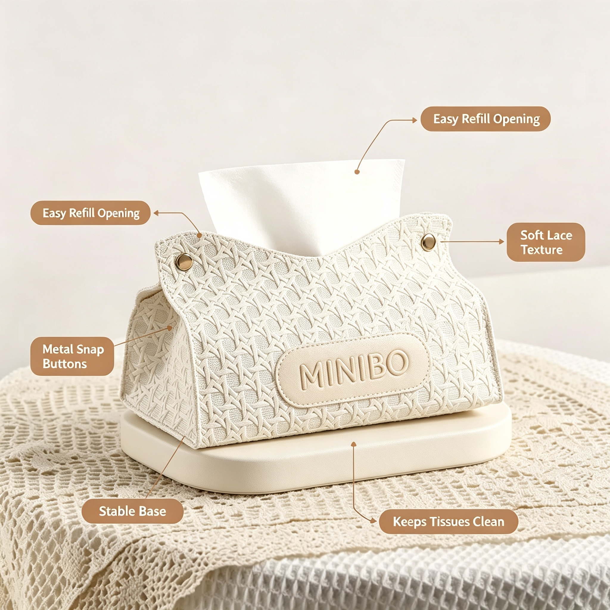 MINIBO Embossed Faux Leather Tissue Box Cover, Decorative Rectangular Napkin Holder with Metal Snap Buttons, Soft Textured Facial Tissue Storage Bag for Home Bedroom Coffee Shop Wholesale