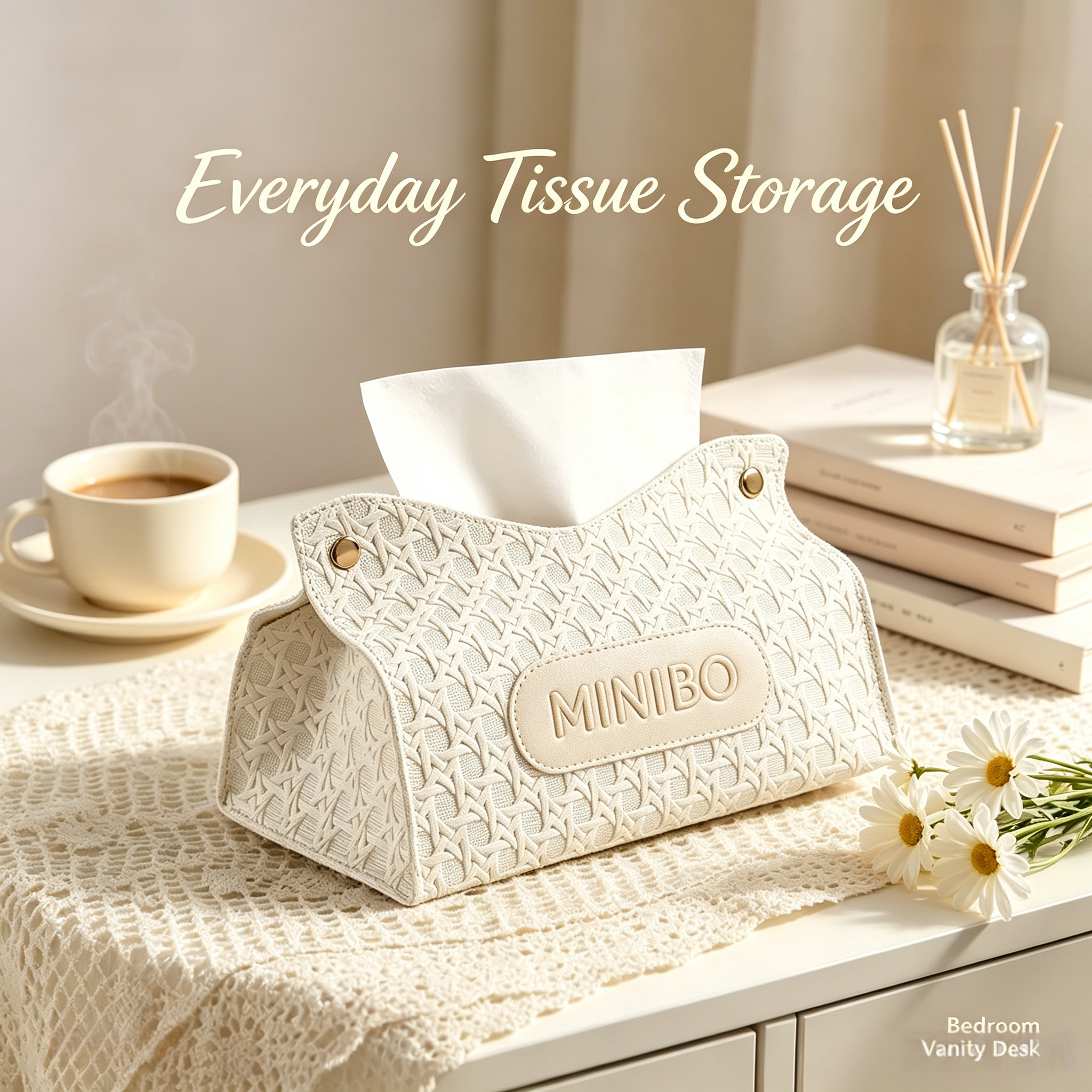 MINIBO Embossed Faux Leather Tissue Box Cover, Decorative Rectangular Napkin Holder with Metal Snap Buttons, Soft Textured Facial Tissue Storage Bag for Home Bedroom Coffee Shop Wholesale