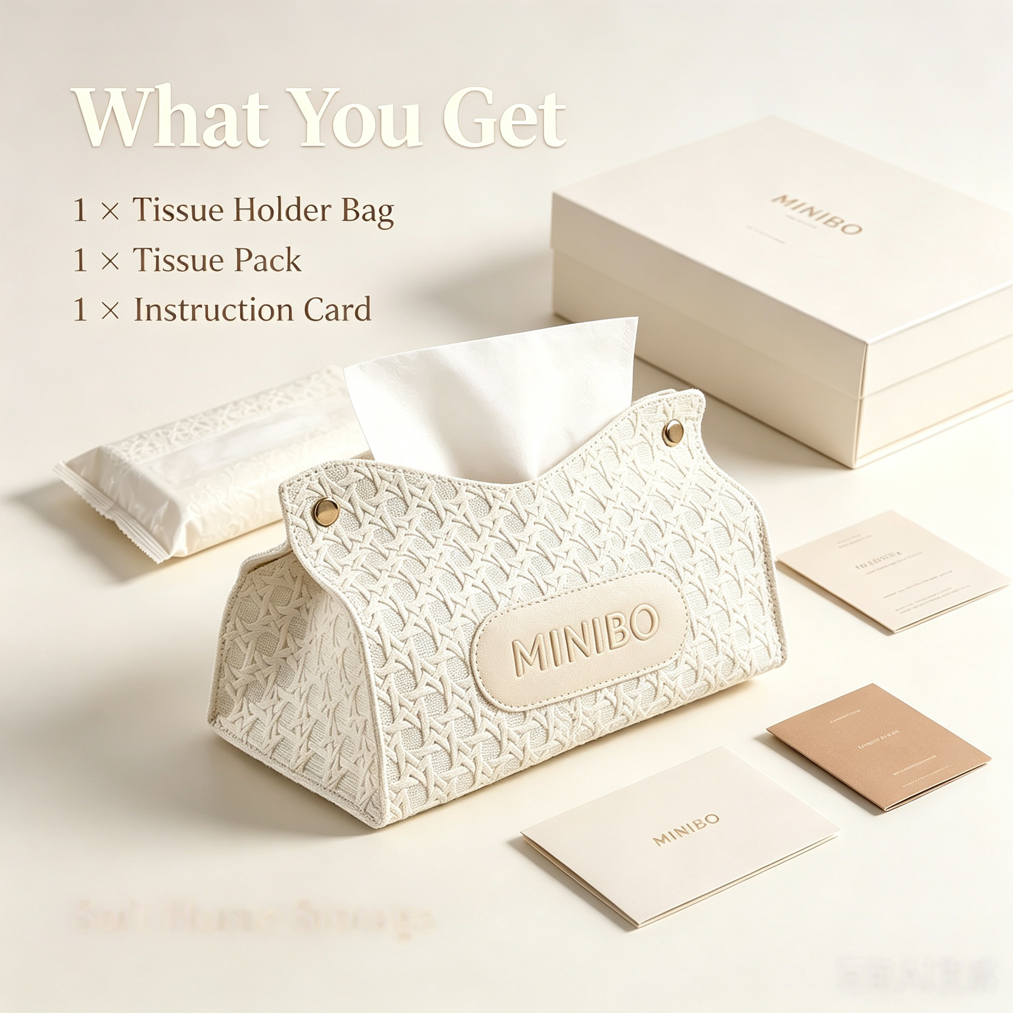 MINIBO Embossed Faux Leather Tissue Box Cover, Decorative Rectangular Napkin Holder with Metal Snap Buttons, Soft Textured Facial Tissue Storage Bag for Home Bedroom Coffee Shop Wholesale
