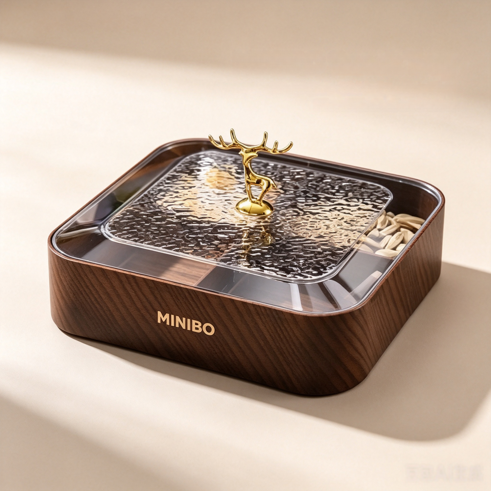 MINIBO Wood Grain Divided Snack Tray with Water Ripple Glass Lid & Golden Deer Handle, 5 Compartment Dustproof Dry Fruit Storage Box, Decorative Nuts Candy Serving Plate for Home Party Wholesale