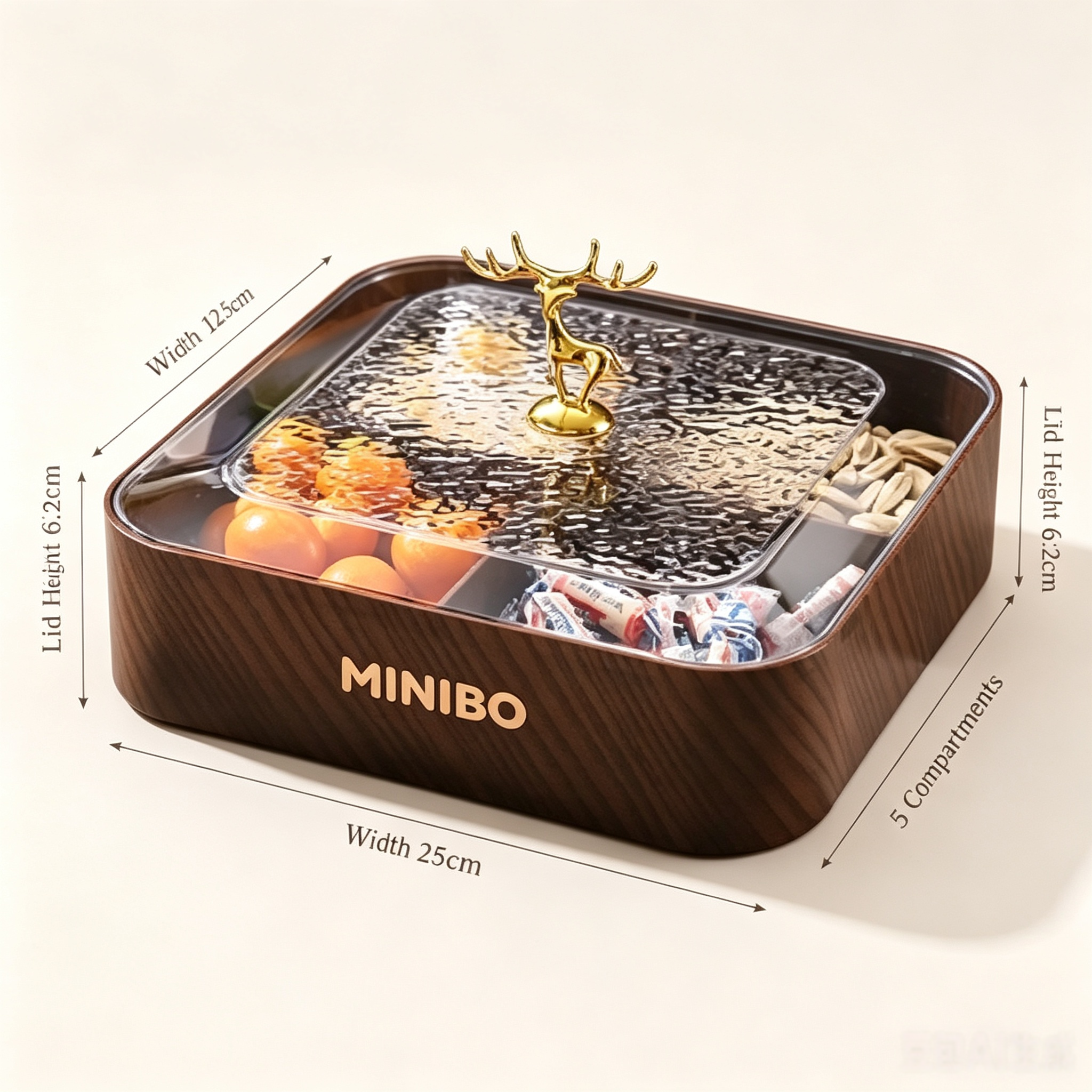 MINIBO Wood Grain Divided Snack Tray with Water Ripple Glass Lid & Golden Deer Handle, 5 Compartment Dustproof Dry Fruit Storage Box, Decorative Nuts Candy Serving Plate for Home Party Wholesale