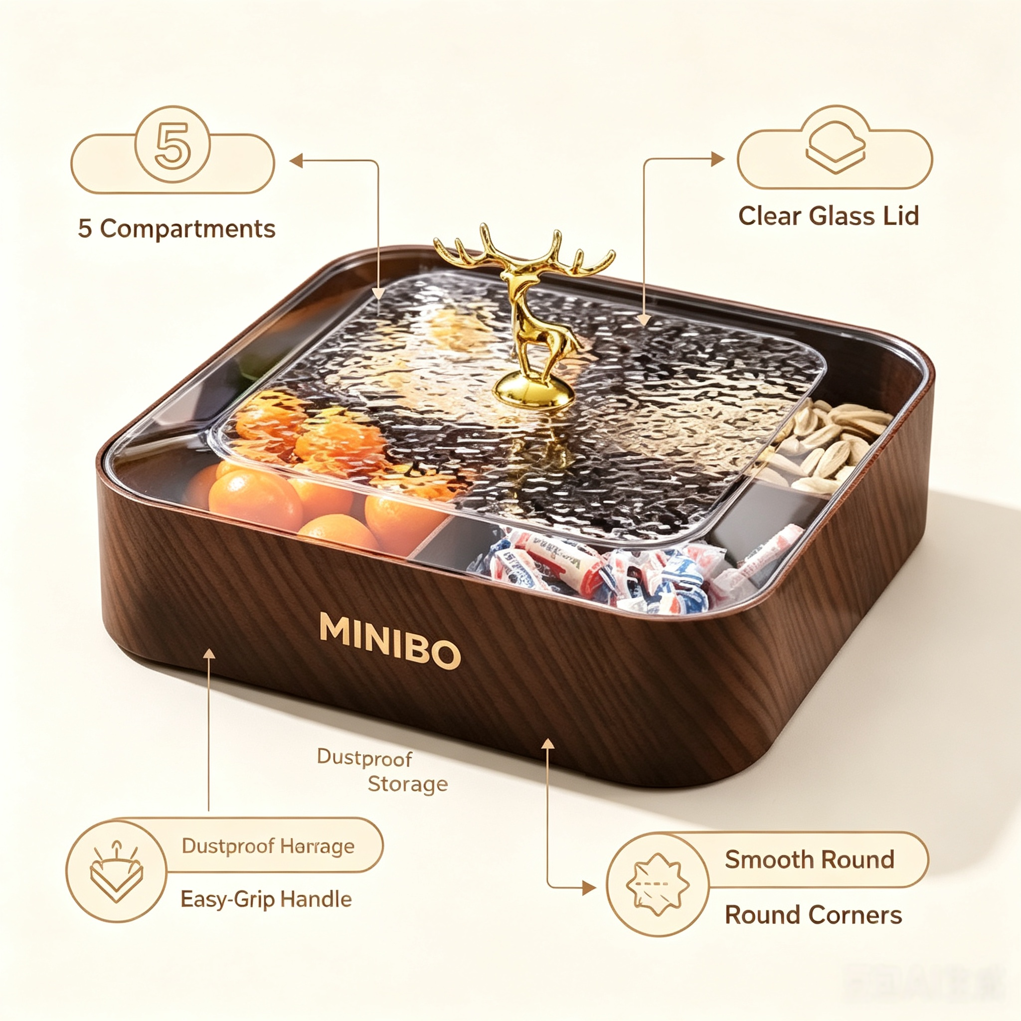 MINIBO Wood Grain Divided Snack Tray with Water Ripple Glass Lid & Golden Deer Handle, 5 Compartment Dustproof Dry Fruit Storage Box, Decorative Nuts Candy Serving Plate for Home Party Wholesale