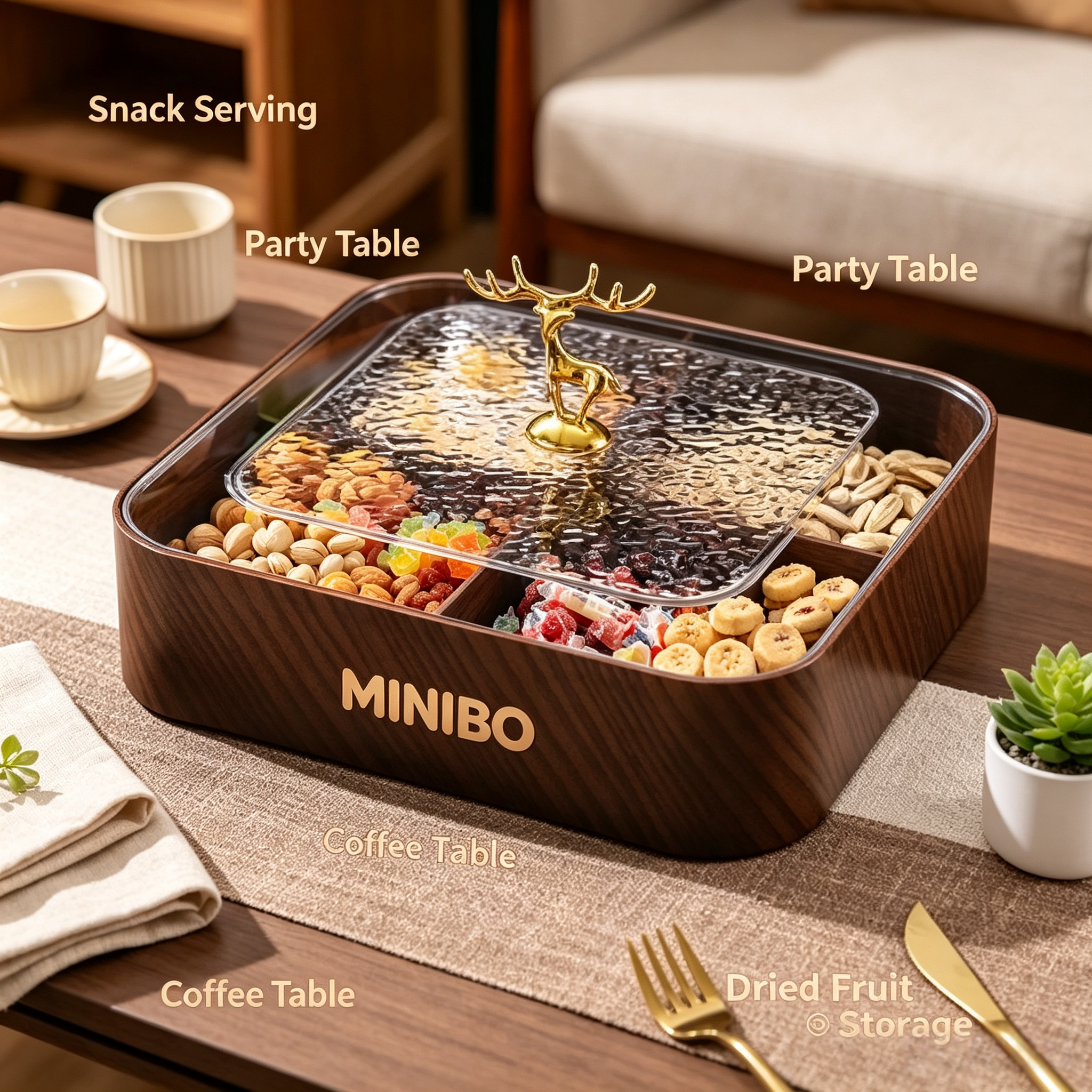 MINIBO Wood Grain Divided Snack Tray with Water Ripple Glass Lid & Golden Deer Handle, 5 Compartment Dustproof Dry Fruit Storage Box, Decorative Nuts Candy Serving Plate for Home Party Wholesale