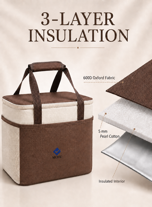 MEITU Large Insulated Lunch Bag with 3-Layer Thermal Lining, 600D Oxford Fabric, Padded Handles and Storage Pockets, 28 × 21 × 24 cm, Brown and Beige